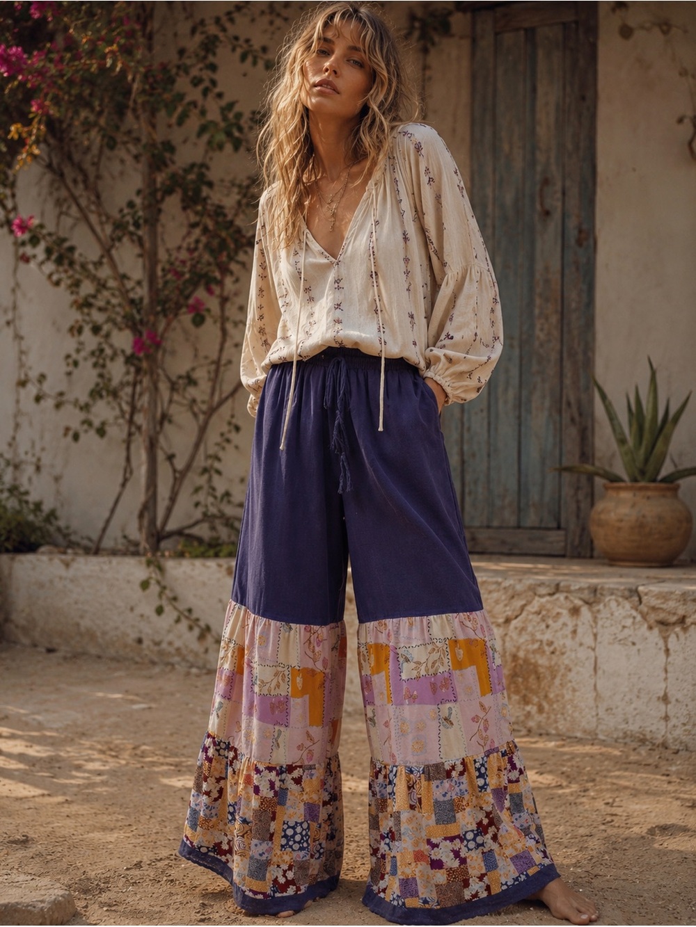 #234 FIRM Easel Boho Patchwork Wide-Leg Pants